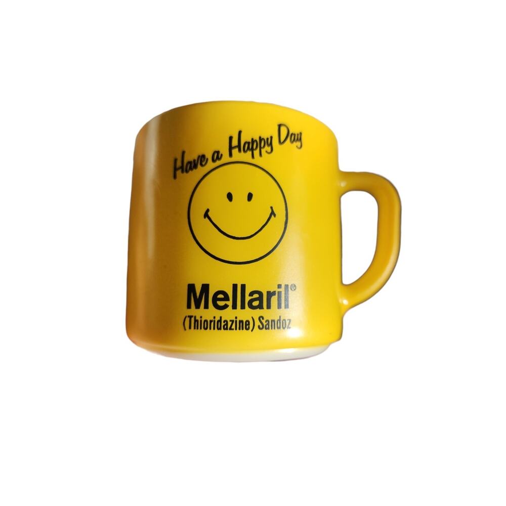 Mellaril Pharmaceutical Advertising Mug yellow milk glass federal Glass‎ VTG